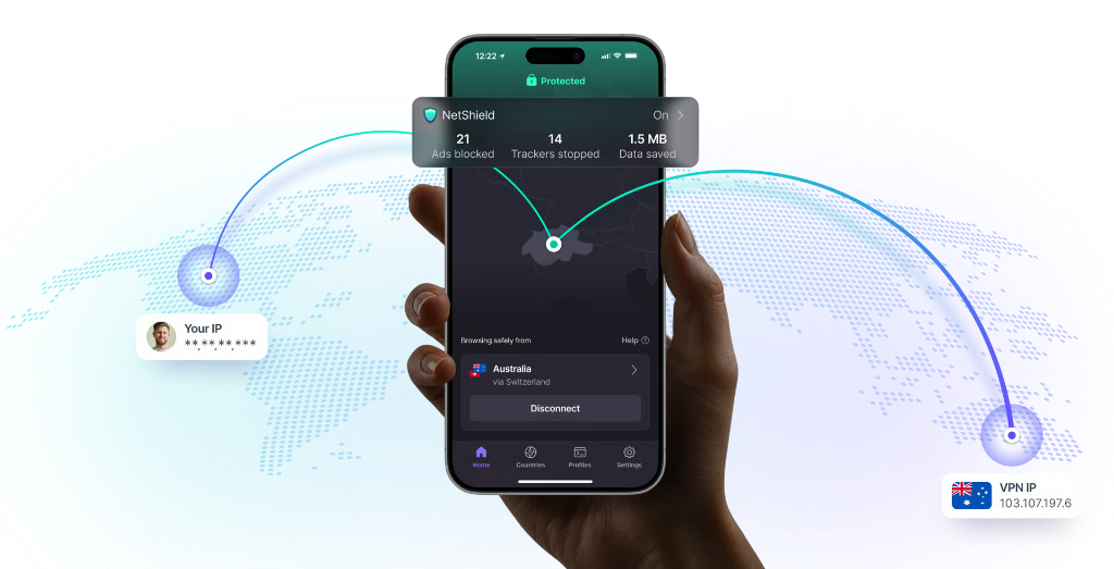 Proton VPN 手机界面大图，显示已保护状态与跨国加密连接路径